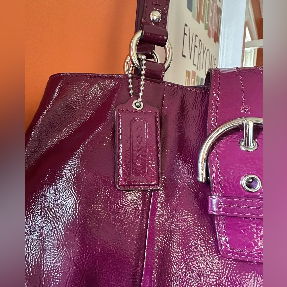 Coach Purple Leather Shoulder Bag with Plaid Accent Scarf - Picture 9 of 13